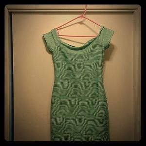 Mint green off the shoulder dress.