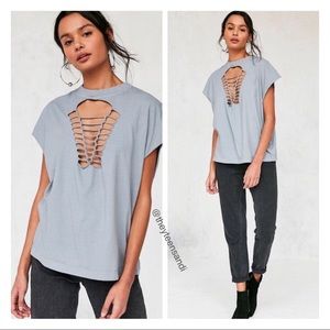 UO Truly Madly Deeply Gray Macrame Reveal Tee