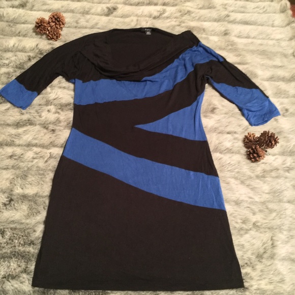 ✅Rhapsody Blue & Black Fitted Dress Cowl Neck Sz M - Picture 3 of 7