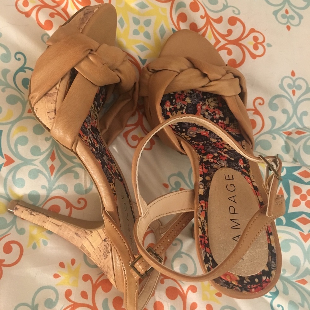 Braided Rampage open toe tan heels size 8.5