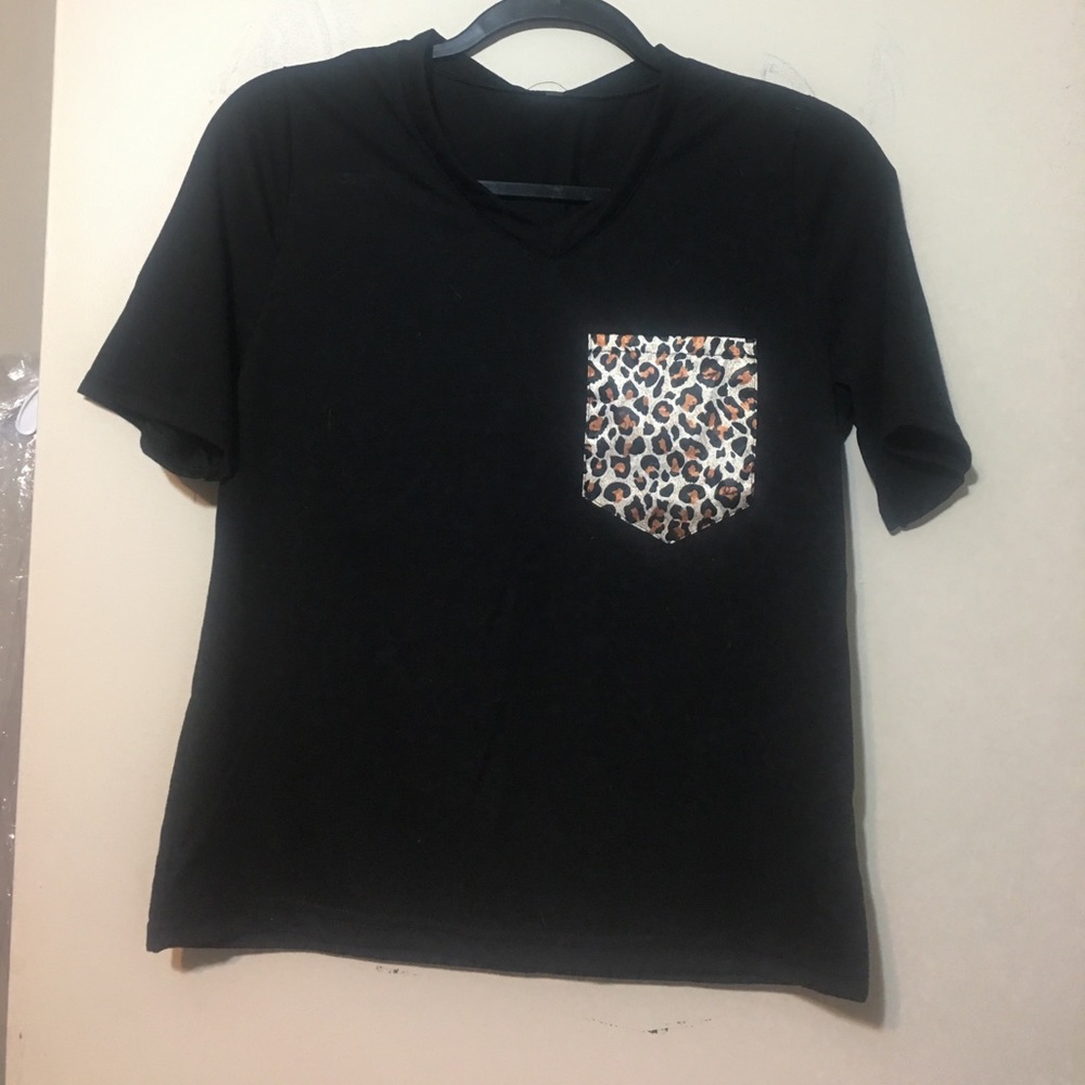 Black Tee with a Cheetah Pocket