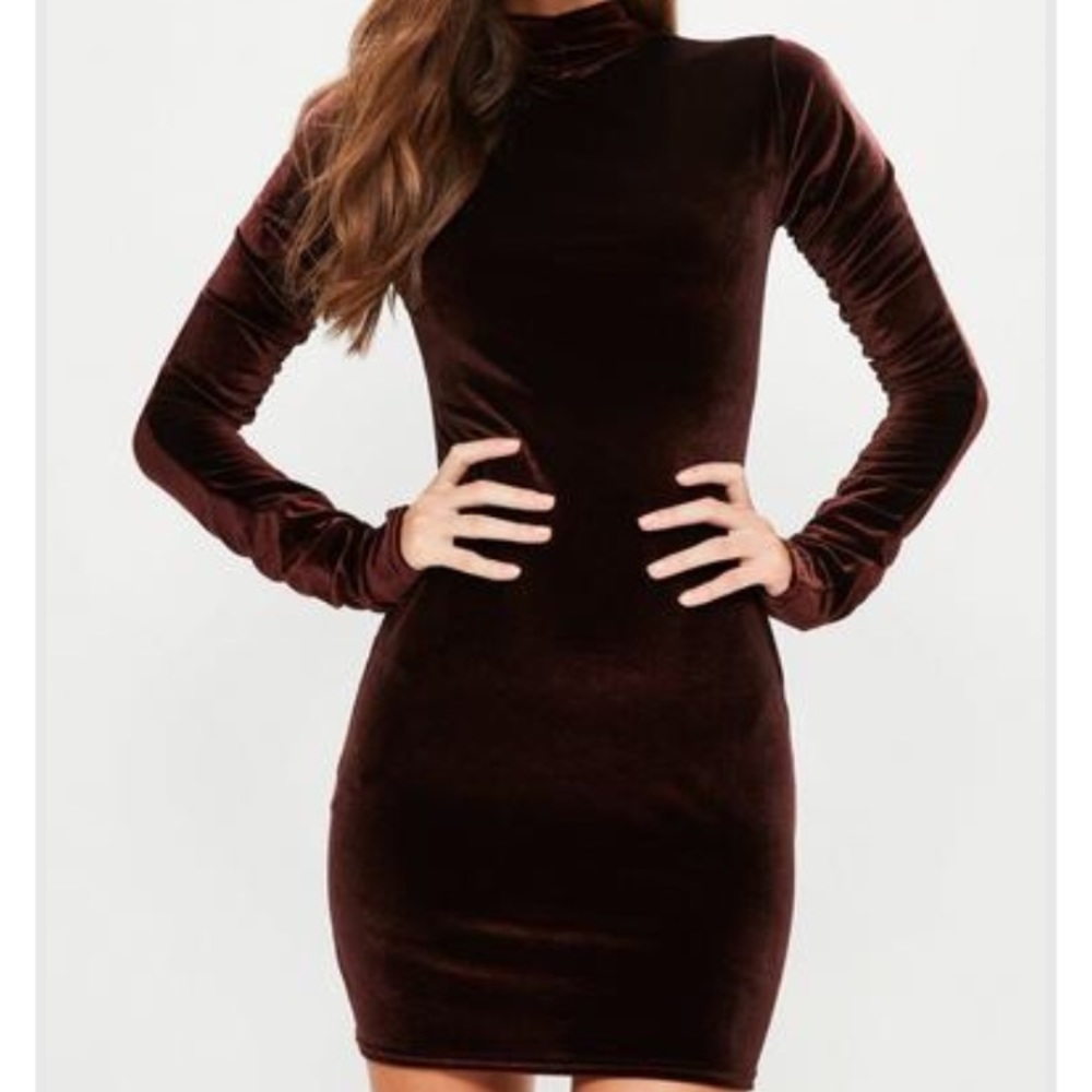 Velvet rauched sleeve bodycon dress brown