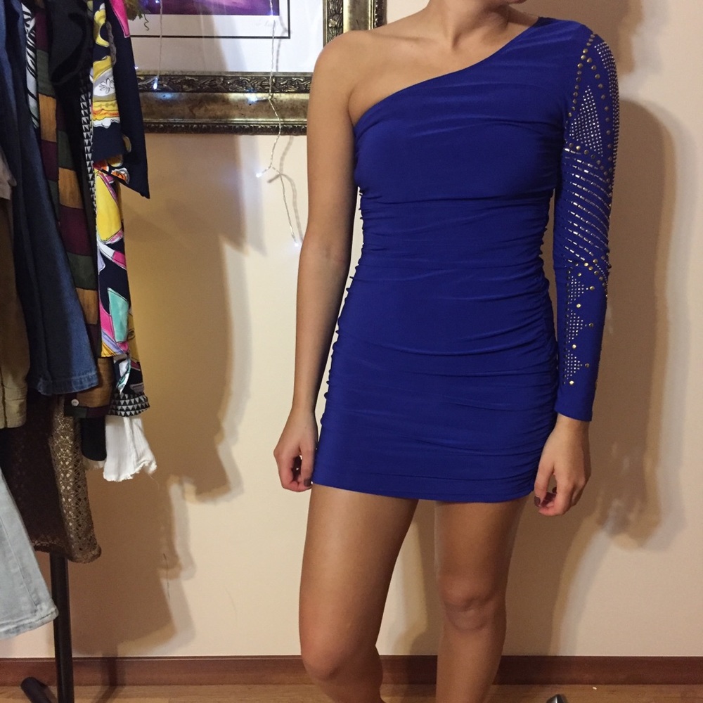 One shoulder long sleeve bedazzled blue dress