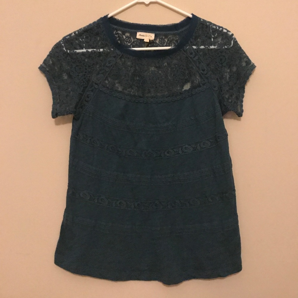 Anthropologie Gossamer Teal Lace Tee