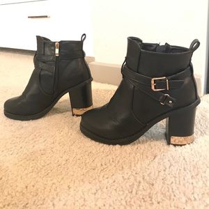 Black Booties with Gold Buckles and Heel Wrap