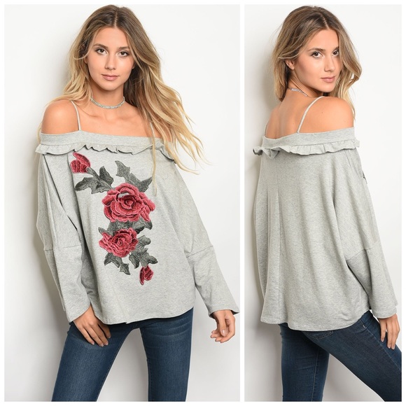 LAST ONE Heather Gray Floral Patch Top! - Picture 3 of 3