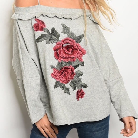 LAST ONE Heather Gray Floral Patch Top! - Picture 2 of 3