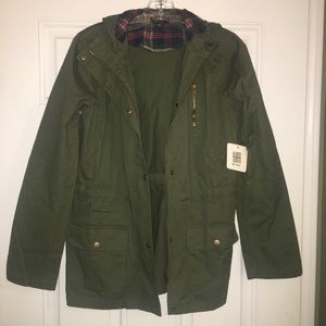 Green plaid zip hooded jacket elbow patch