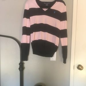 Pink and navy striped v neck