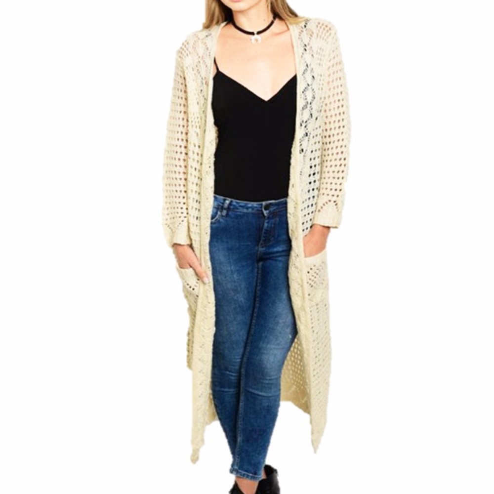 BOHO Open Eyelet Cotton Knit Long Sweater Cardigan - Picture 2 of 8