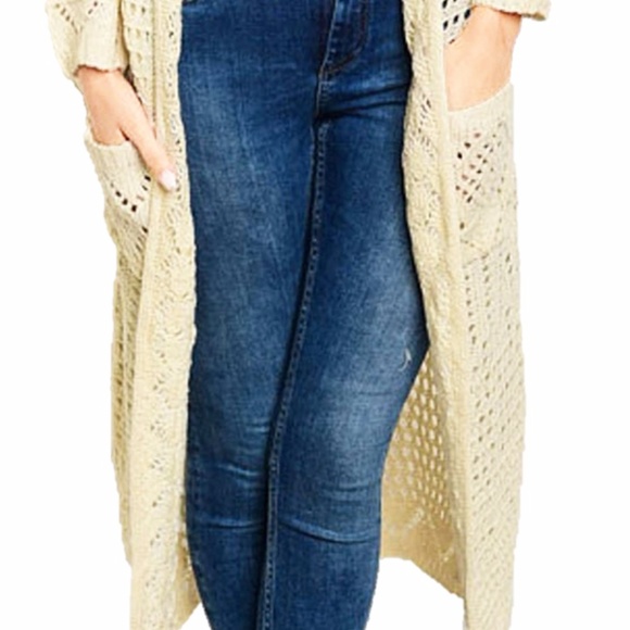 BOHO Open Eyelet Cotton Knit Long Sweater Cardigan - Picture 6 of 8