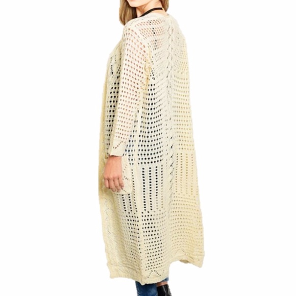 BOHO Open Eyelet Cotton Knit Long Sweater Cardigan - Picture 3 of 8