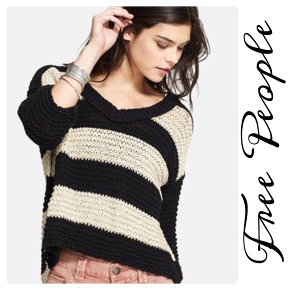 Free People Sweaters - Free People Chunky Sweater Black Tan Stripe Medium