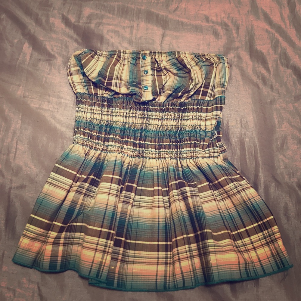 Tube top plaid blues, Browns, beiges size M