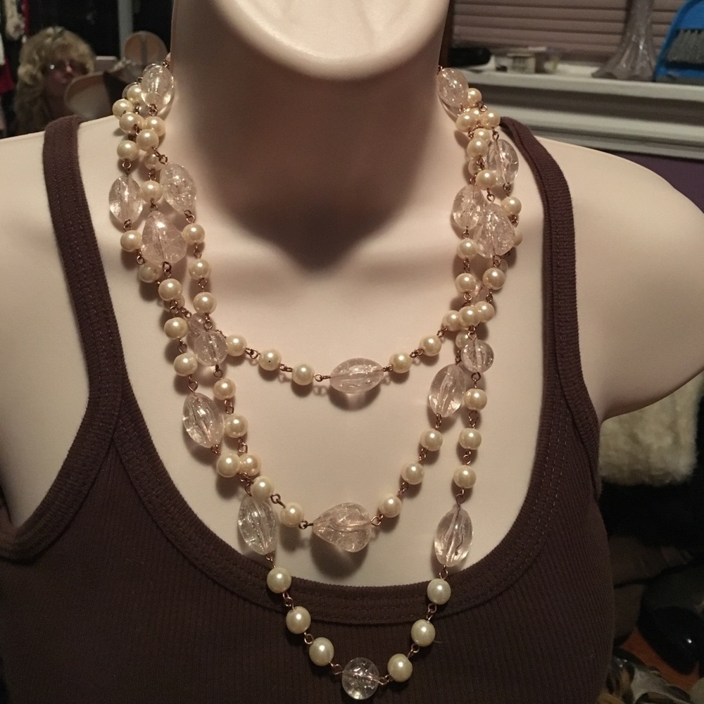 Triple strand resin and glass pearl necklace