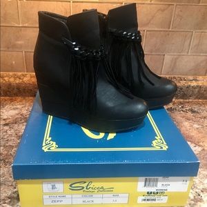 Sbicca, Zepp, Black Fringe Wedge Boots, 7.5, NIB
