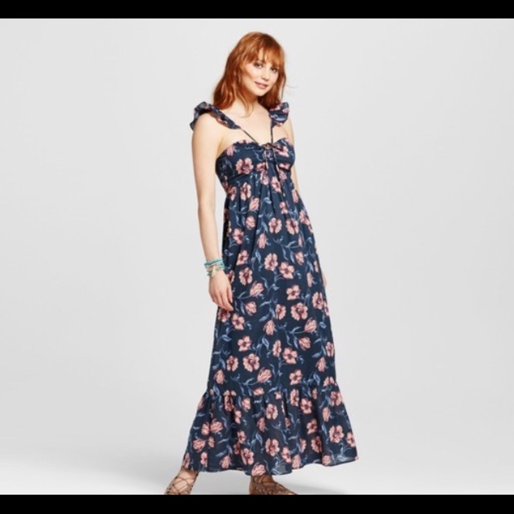 Xhilaration Navy Ruffle High Neck Maxi Dress
