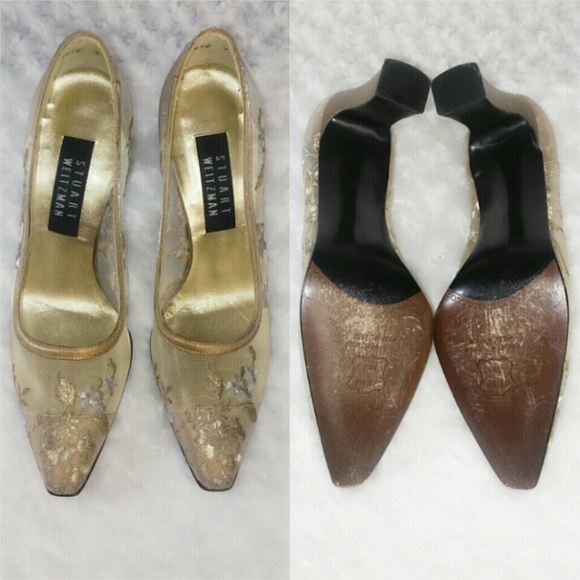 Vintage Stuart Weitzman Sheer Gold Floral Heels - Picture 2 of 8