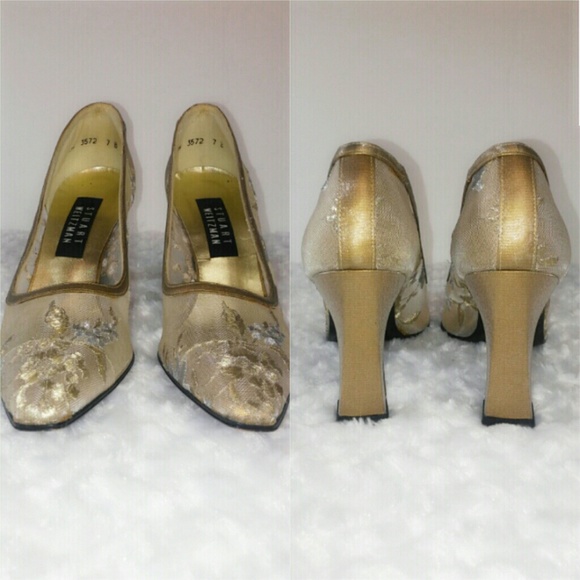 Vintage Stuart Weitzman Sheer Gold Floral Heels - Picture 3 of 8