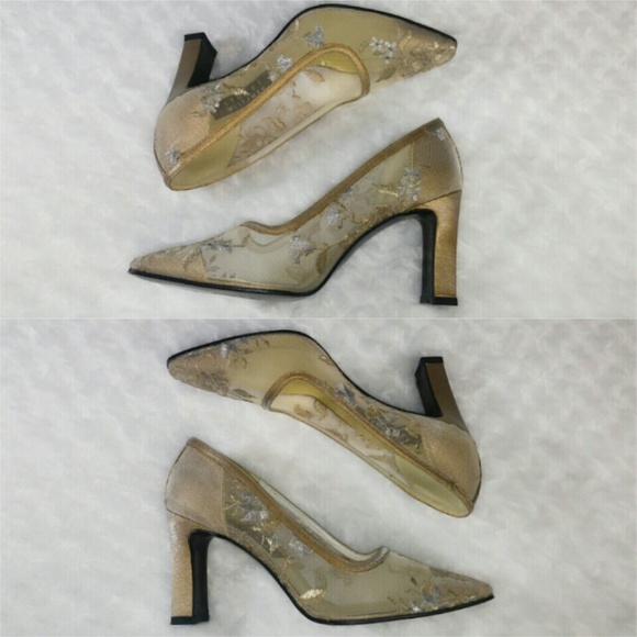 Vintage Stuart Weitzman Sheer Gold Floral Heels - Picture 4 of 8