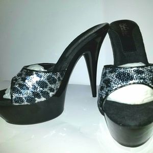 Black and Silver Sequined Platform Heels