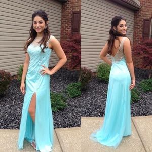 Aqua Prom La Femme Dress with Iridescent Gems