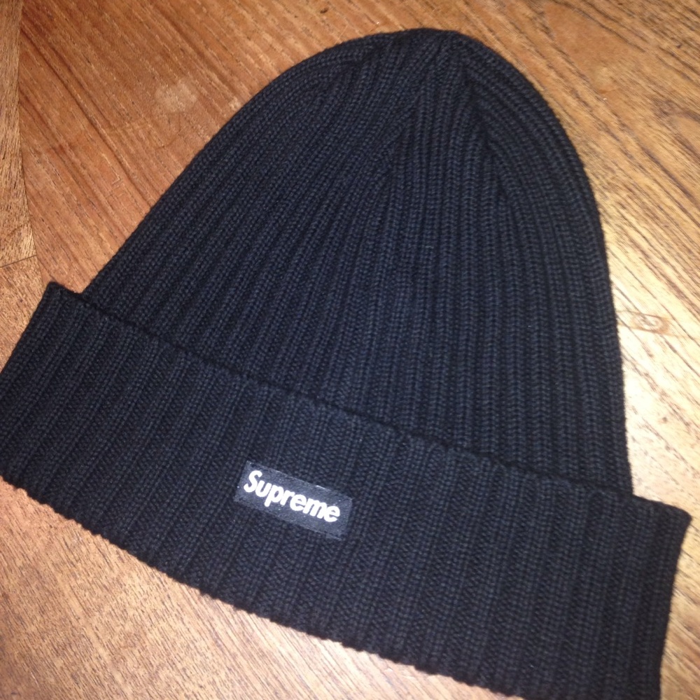Authentic Supreme black overdyed beanie.