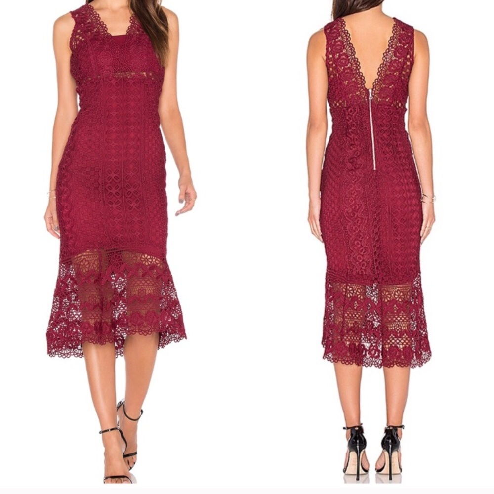 Wine Bardot pephem lace dress