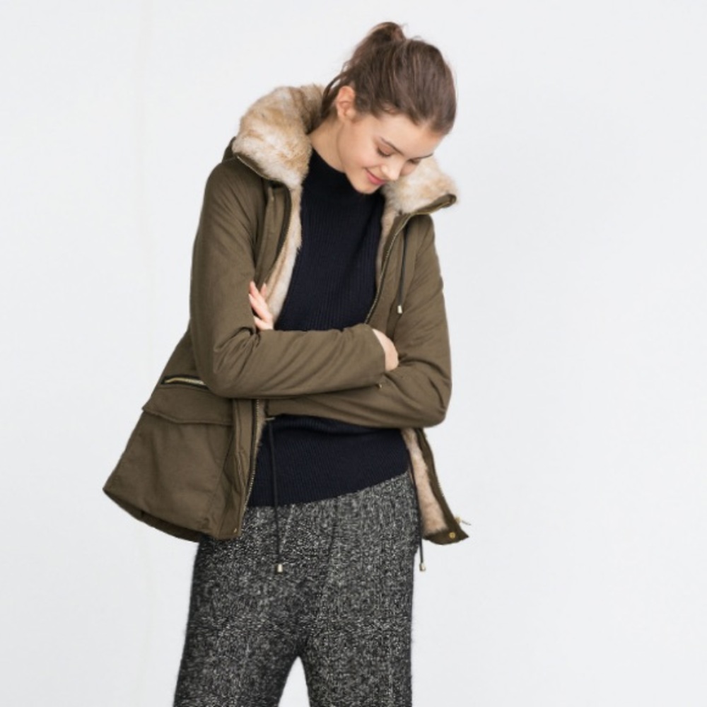 Zara women's jacket green trafaluc coat fur hooded