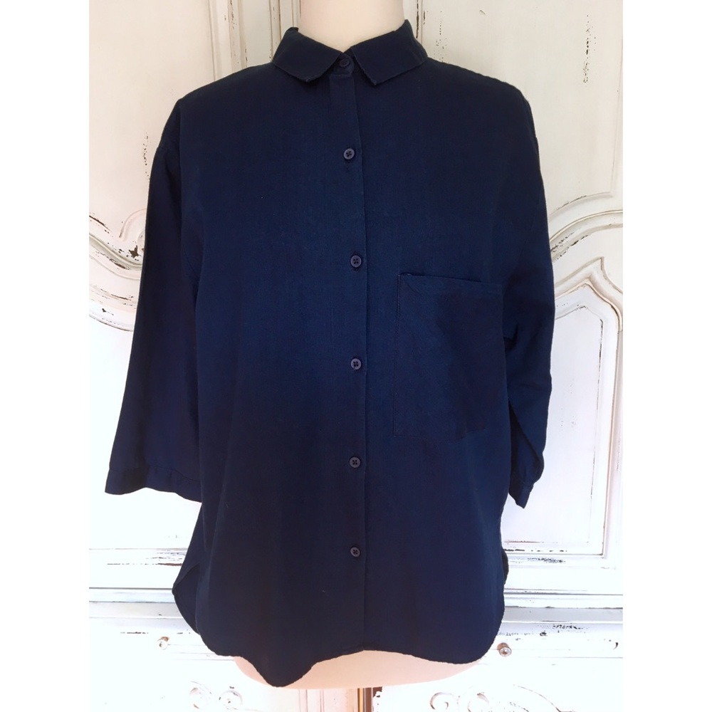 Zara Navy Blue Button Down ¾ Sleeve Shirt