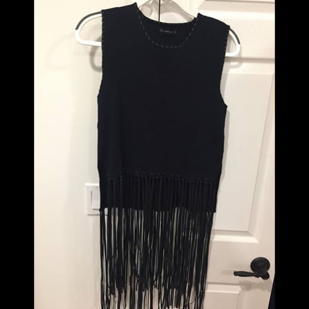 Zara black leather fringe top