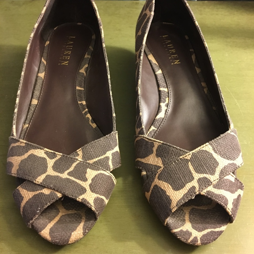 Ralph Lauren Leopard Print Peep Toe Wedges 8.5b