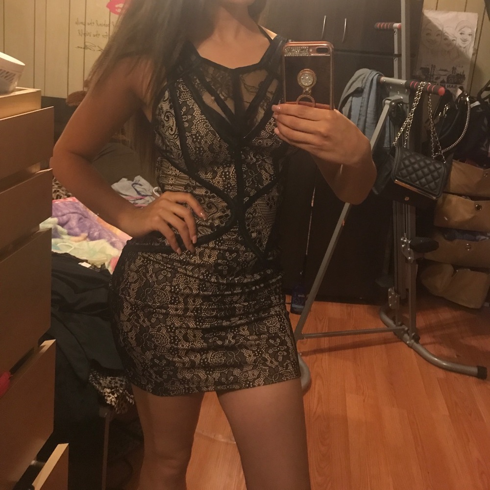Black and beige lace dress