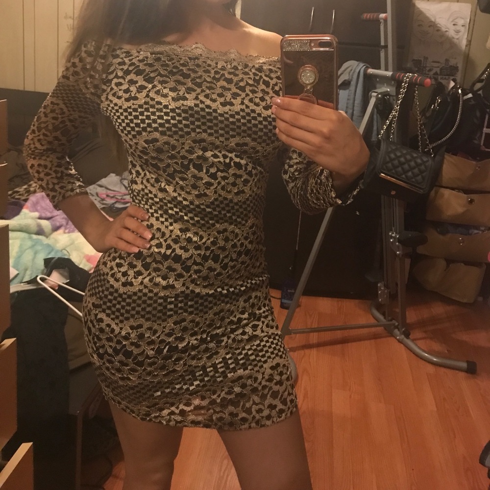 Black and gold off the shoulder party dress