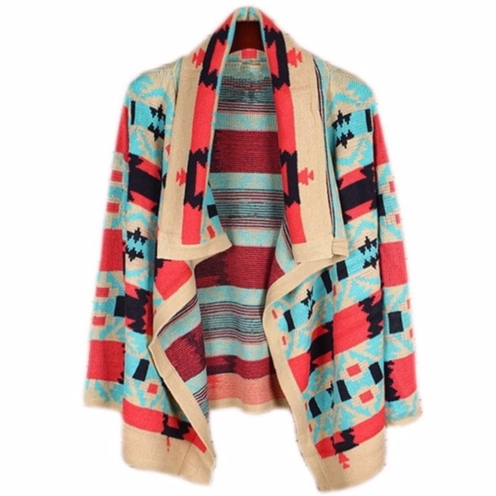Aztec tribal print coral blue black cardigan