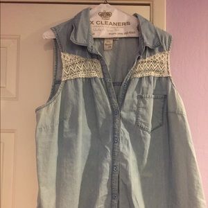 Button up chambray tank with lace insert