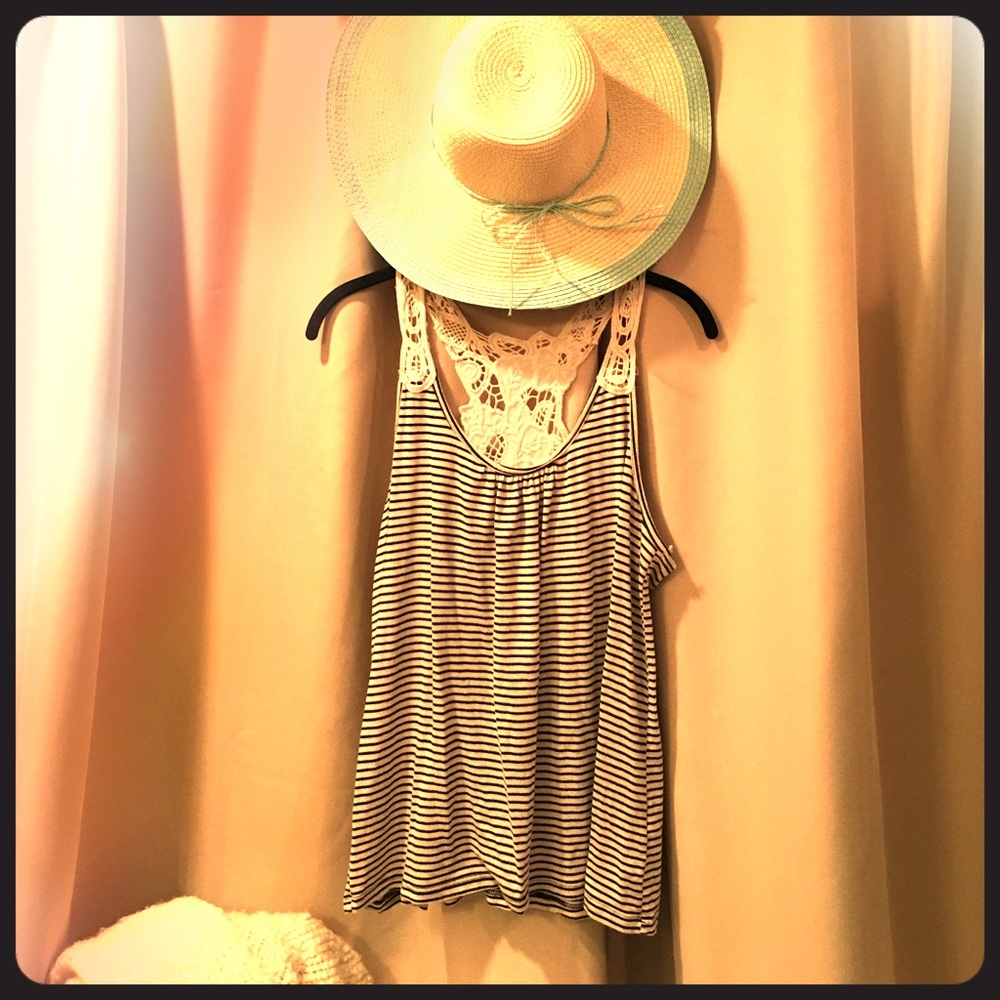 Striped jersey tank with macrame accents