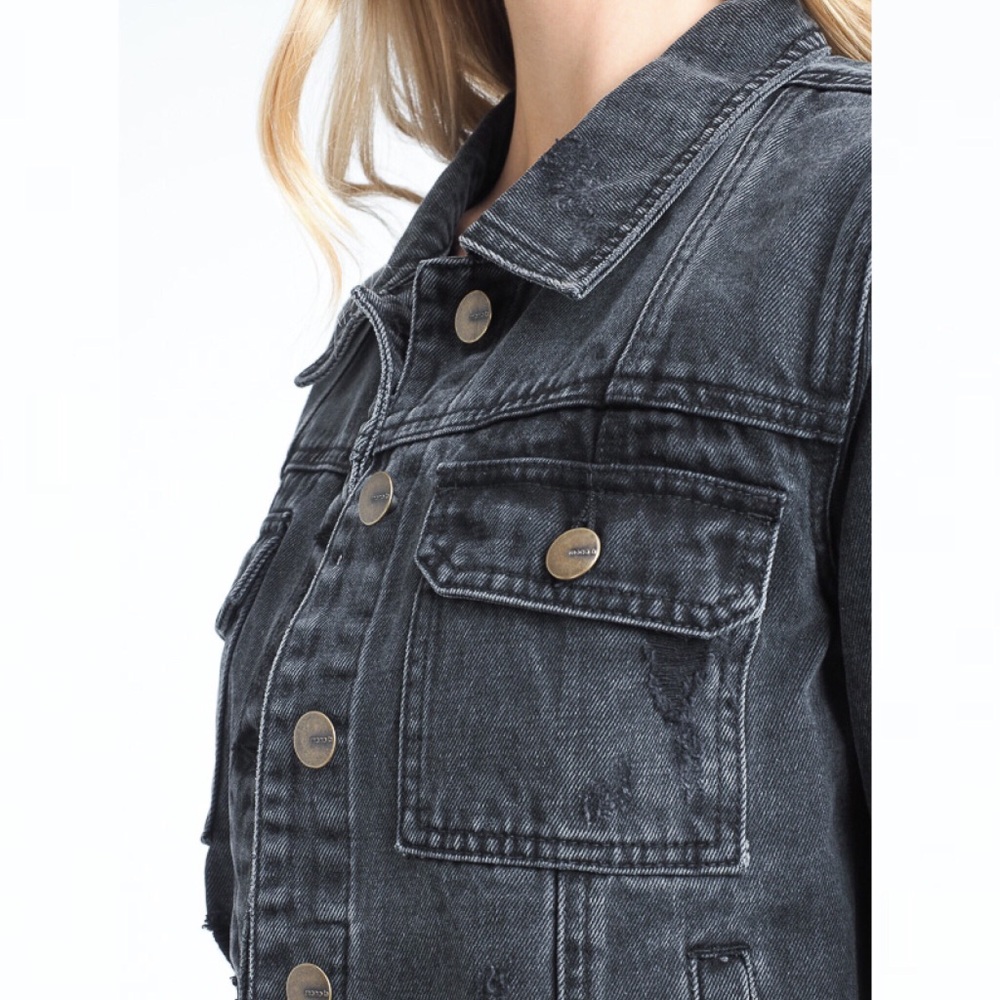Charcoal Raw Edges Short Denim Jacket - Picture 2 of 4
