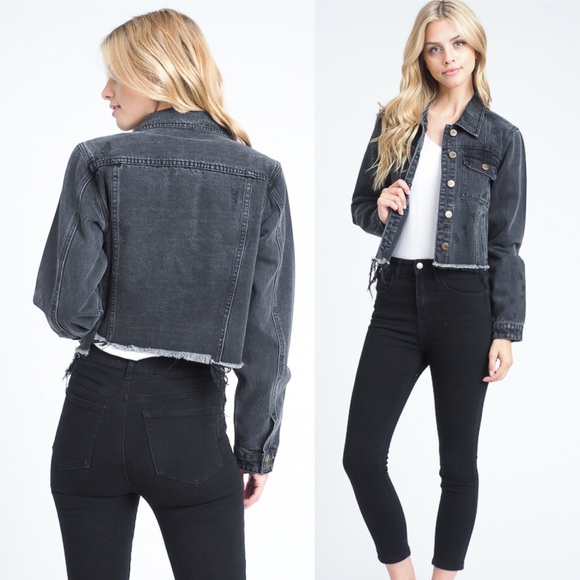 Charcoal Raw Edges Short Denim Jacket - Picture 3 of 4