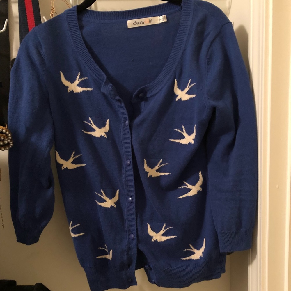 Modcloth Cardigan - Blue & Cream Swallow Print
