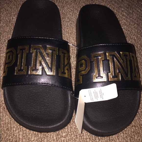 pink and gold nike slides