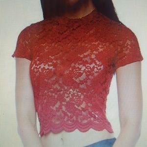 Scallop lace mock neck top