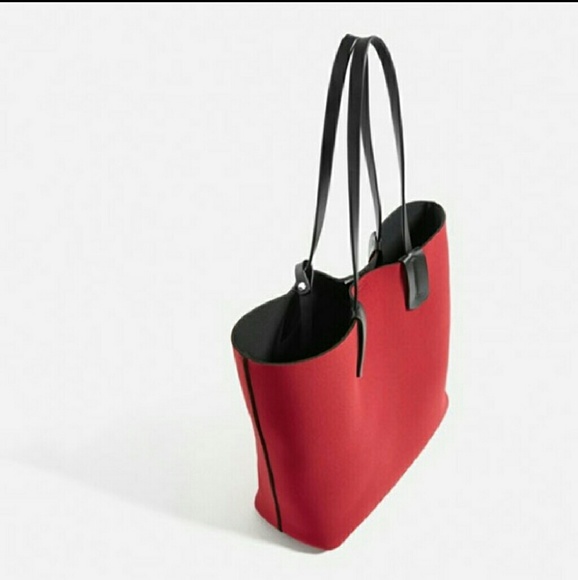 Zara Neoprene Tote with Split Suede Leather with Pouch Red NWT - Picture 2 of 7