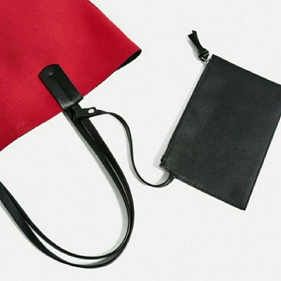 Zara Neoprene Tote with Split Suede Leather with Pouch Red NWT - Picture 3 of 7