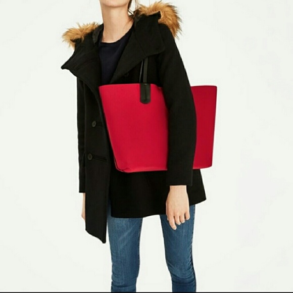 Zara Neoprene Tote with Split Suede Leather with Pouch Red NWT - Picture 4 of 7