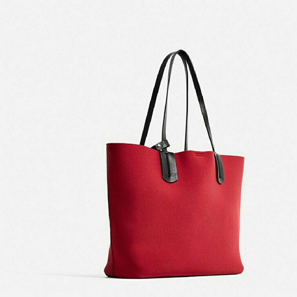 Zara Neoprene Tote with Split Suede Leather with Pouch Red NWT - Picture 5 of 7