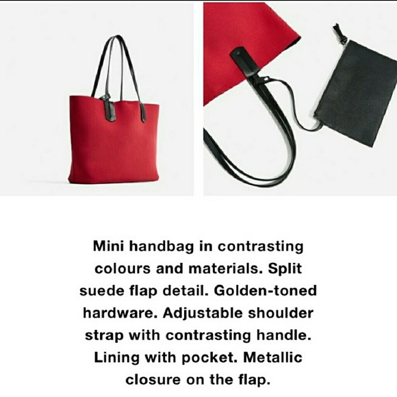 Zara Neoprene Tote with Split Suede Leather with Pouch Red NWT - Picture 6 of 7