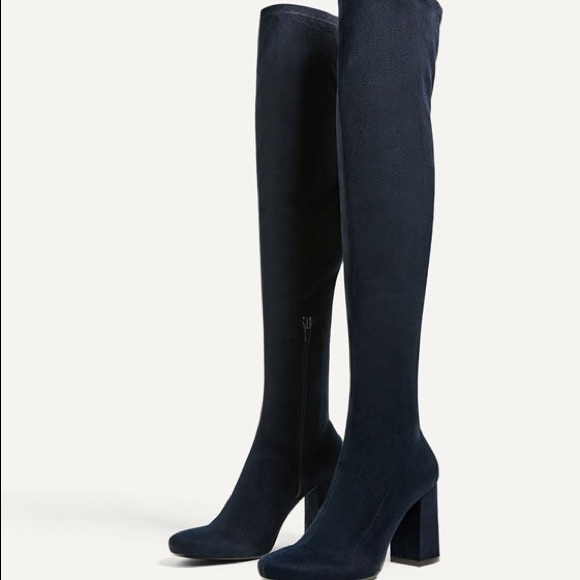 Zara navy blue stretch leg high heel boots - Picture 3 of 7