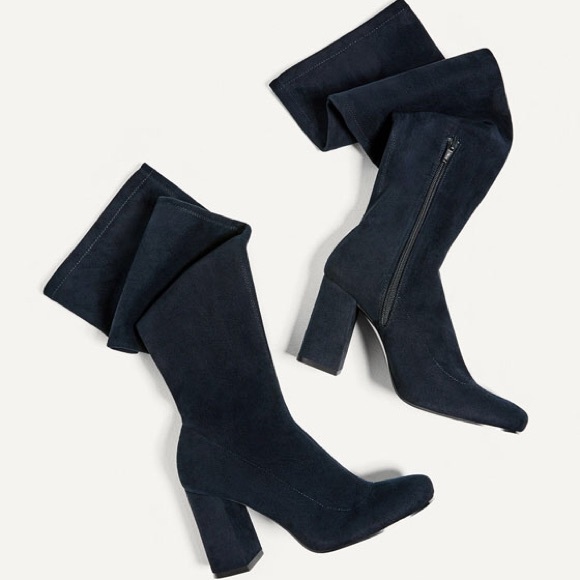 Zara navy blue stretch leg high heel boots - Picture 4 of 7