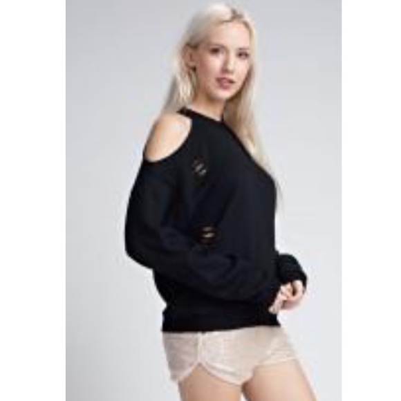 Mia’s Distressed Cold Shoulder Black Sweatshirt - Picture 5 of 8